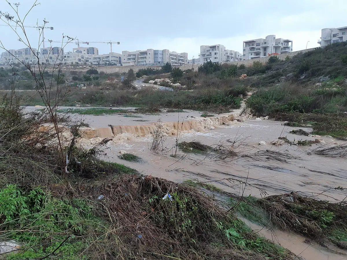 Nahal Anava flowing after winter rain, with Modiin's apartment buildings above