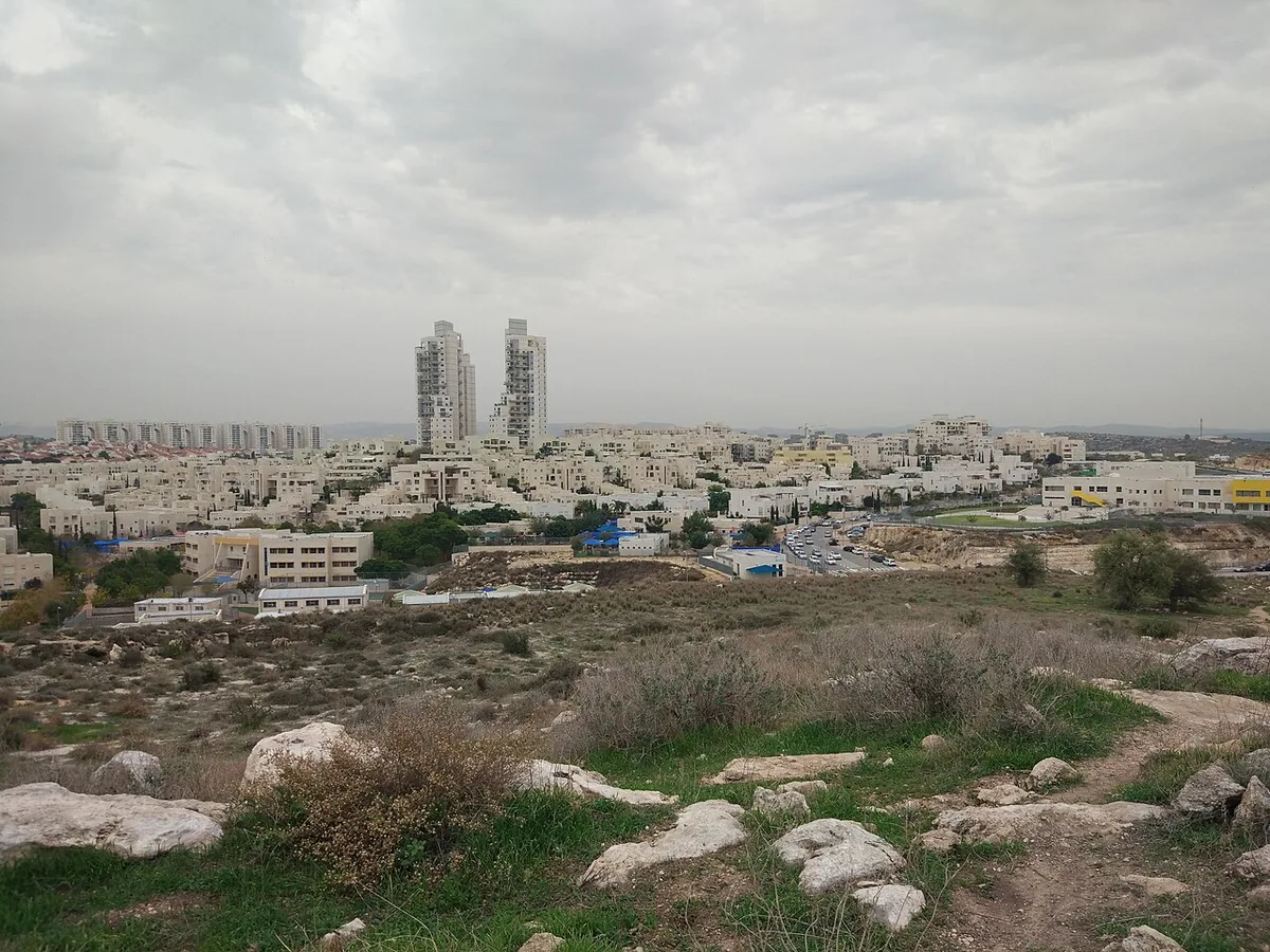 The Avnei Chen neighbourhood of Modiin, with its two towers, seen from the Barfiliya hill