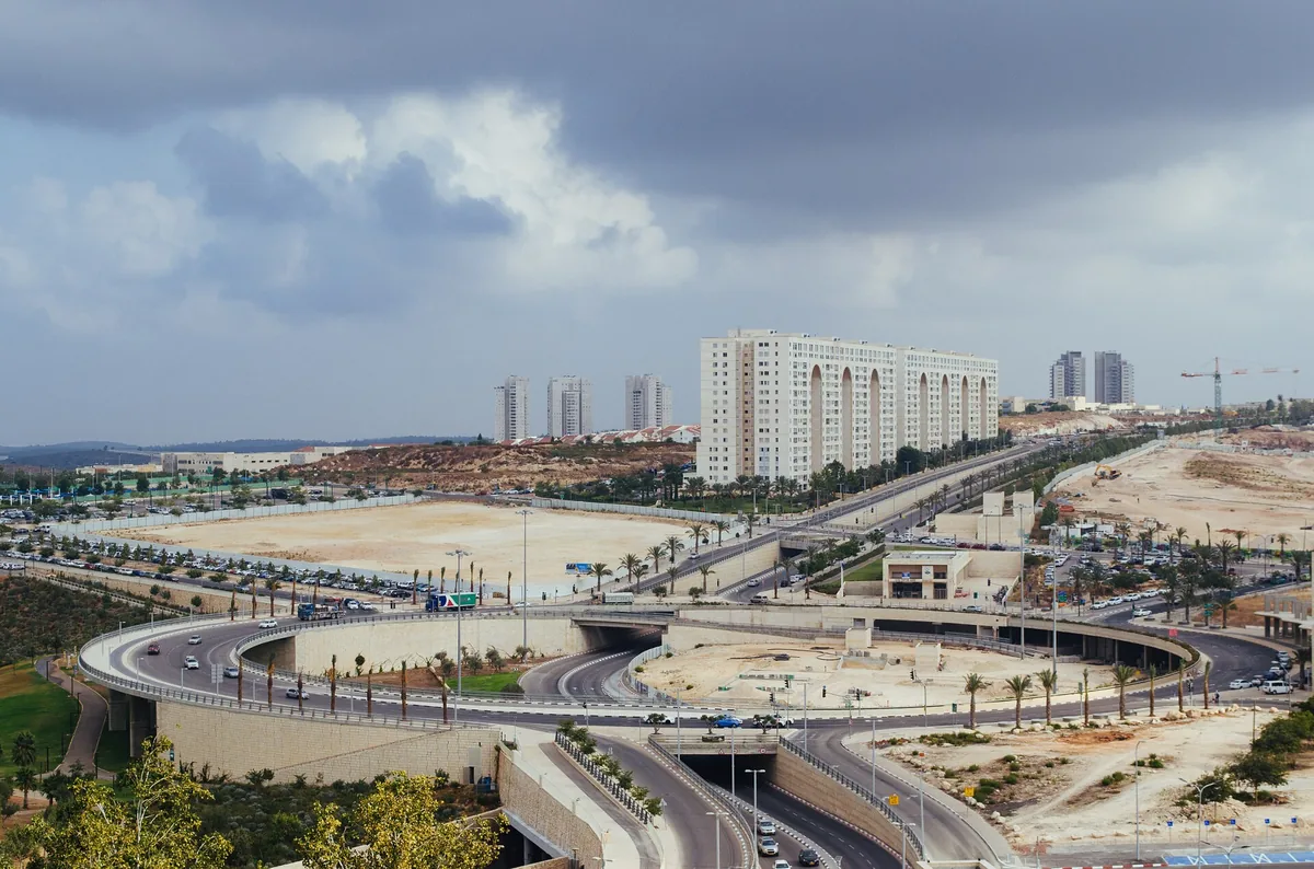 The Dimri towers and a traffic circle in Modiin