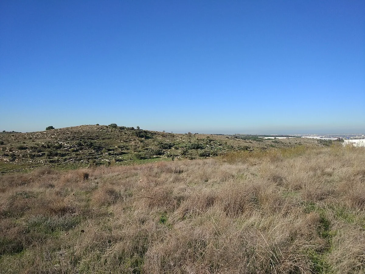 Givat Barfilia seen from the north-east, with Modiin's industrial zone and the coastal plain on the horizon