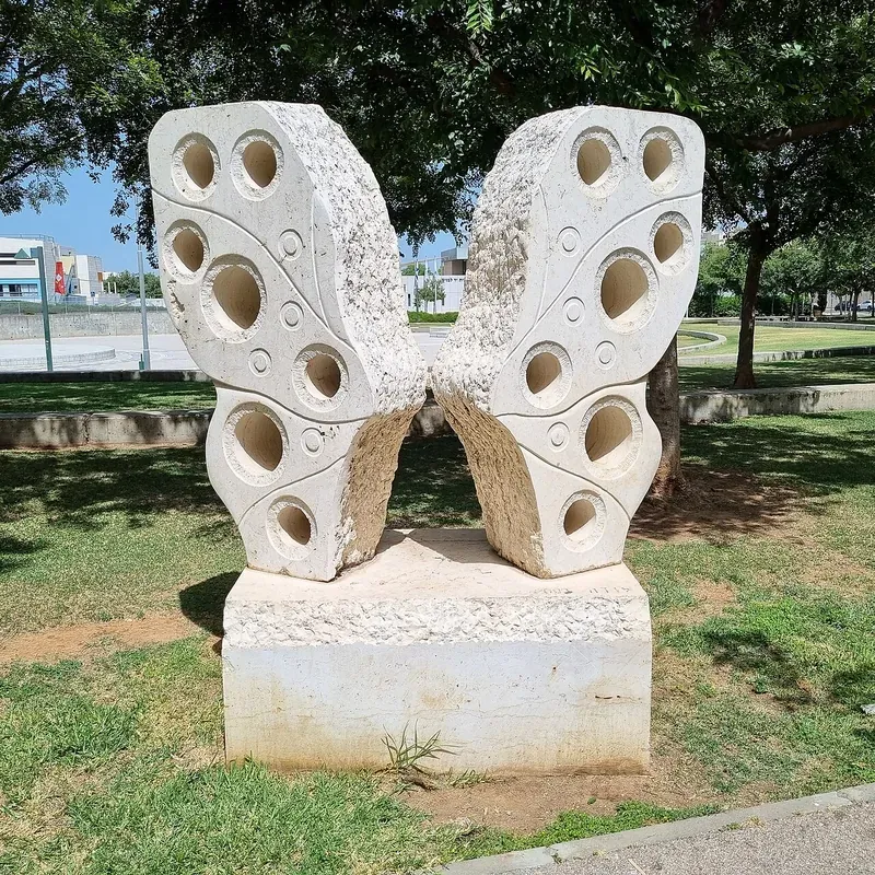 Ludmila Voloshenenko's stone butterfly sculpture at Emek HaEla and Zecharia HaNavi streets, HaKramim